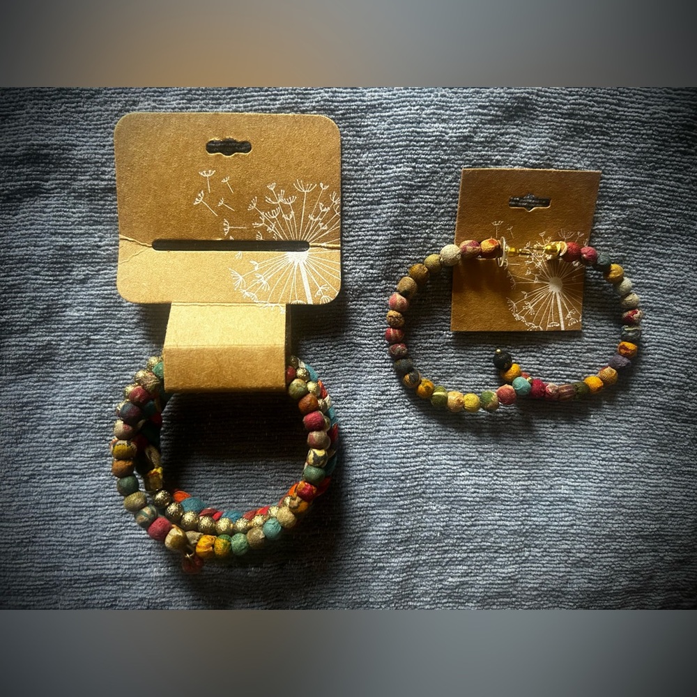 NWT Fabric Wrapped, Beaded Earrings and Bracelet
